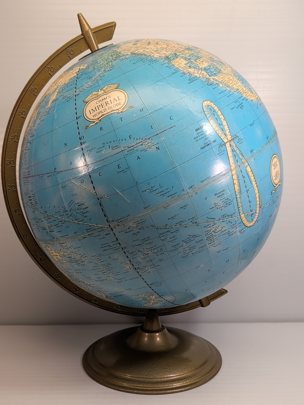 Vintage Cram's Imperial 12" World Globe Gold Metal Base Mid Century Decor Blue